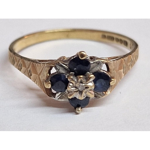 87 - Attractive 9ct Gold Ring with Small Centre Diamond and 4 x Blue Stones, (Approx. Size: N, 1.6g)