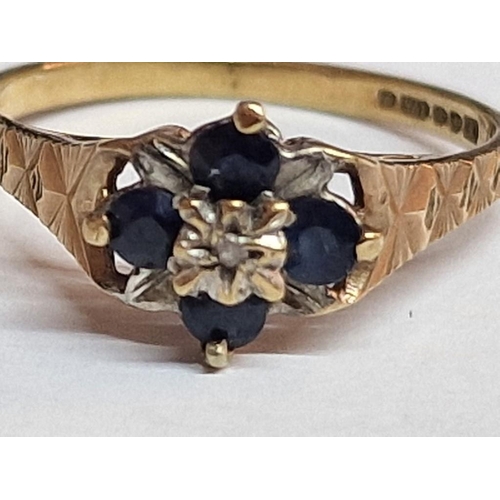 87 - Attractive 9ct Gold Ring with Small Centre Diamond and 4 x Blue Stones, (Approx. Size: N, 1.6g)
