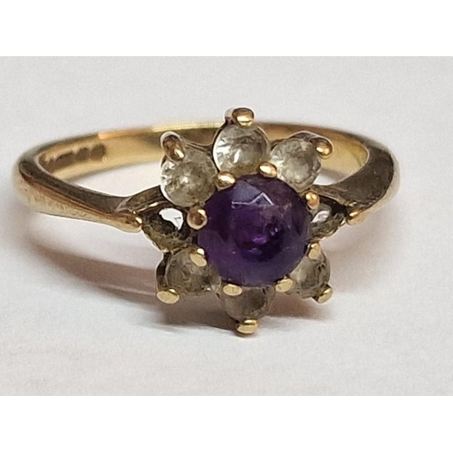 90 - 9ct Gold Cluster Ring with Centre Amethyst Colour Stone and 6 x Surrounding Clear Stones (Nb. 2 Miss... 