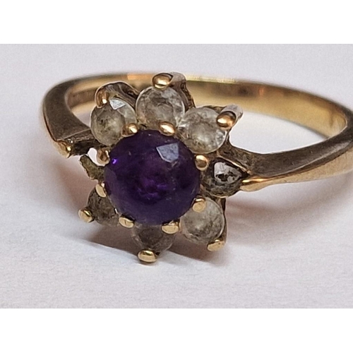 90 - 9ct Gold Cluster Ring with Centre Amethyst Colour Stone and 6 x Surrounding Clear Stones (Nb. 2 Miss... 