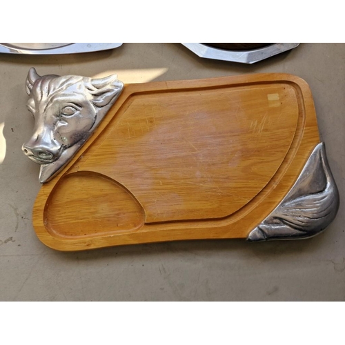 713 - Wooden Chopping Board with White Metal Cow's Head & Tail Corners, Together with 2 x Stainless Steel ... 