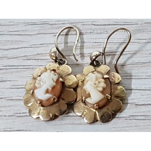 129 - Vintage Cameo 9ct Yellow Gold Dangling Earrings, Total Weight 2gr