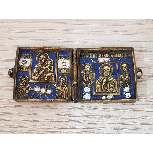 167 - Enkolpion (Body Icon) Miniature Brass / Enames Folding Icon - Virgin Mary and St. Nicholaos (Russian... 