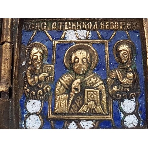 167 - Enkolpion (Body Icon) Miniature Brass / Enames Folding Icon - Virgin Mary and St. Nicholaos (Russian... 