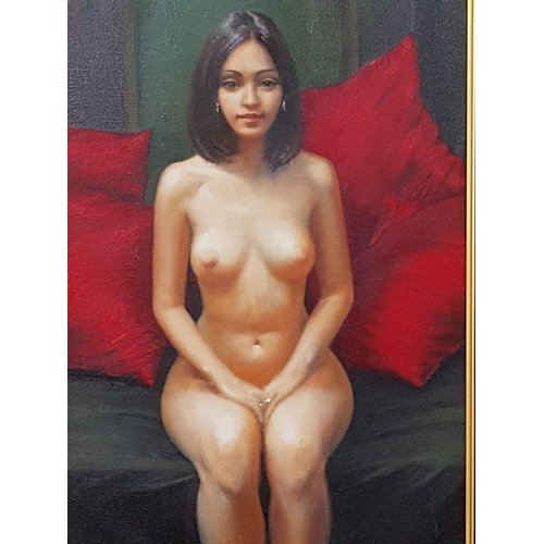 173 - Sitting Nude Oil on Canvas (Unframed; 50 x 26cm / Framed; 70 x 45cm) Singed Bottom Right Corner and ... 