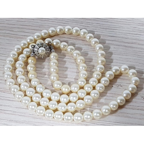 254 - Retro Costume Jewellery; Pearls Necklace (L:63cm) Together with 2 - Tone Pair of Pearls Clips