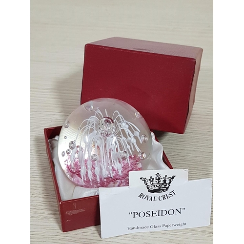 264 - Royal Crest Poseidon Pink / White Burst Explosion Glass Paperweight (Original Box)