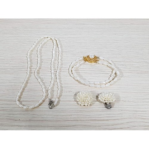 316 - Vintage Style Pearl Jewellery Necklace (L:65cm) Bracelet - Double String (L19cm) and Pair of Clips