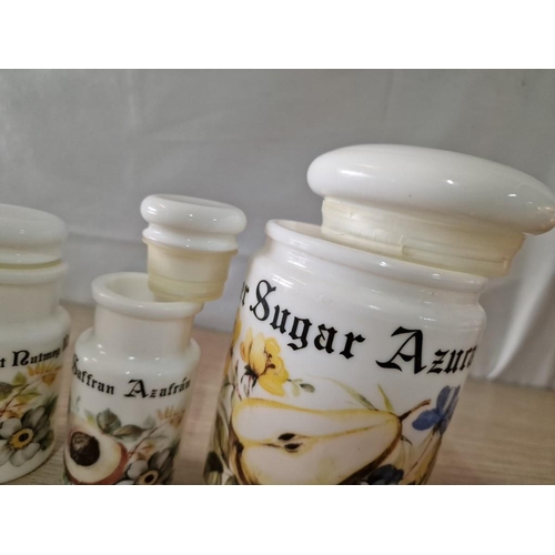 189 - Vintage Multilingual Opaline Milk Glass Herb / Spice Ports / Containers with Lids Circa 70's, Set of... 