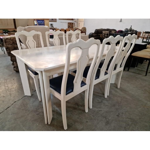 205 - White Finish Rectangular Dining Table with Matching Set of 6 x Dining Chairs with Blue Colour Padded... 