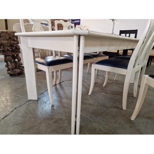 205 - White Finish Rectangular Dining Table with Matching Set of 6 x Dining Chairs with Blue Colour Padded... 