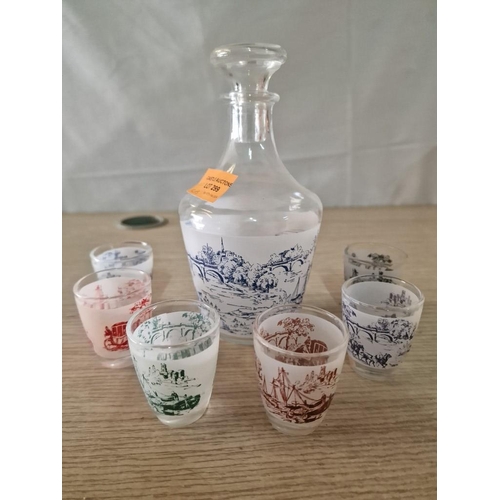 299 - Retro Decanter and Shot Glasses, Frosted Glass with Wagon and Sea Scenes (Perhaps Made in France)