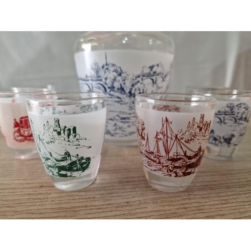 299 - Retro Decanter and Shot Glasses, Frosted Glass with Wagon and Sea Scenes (Perhaps Made in France)