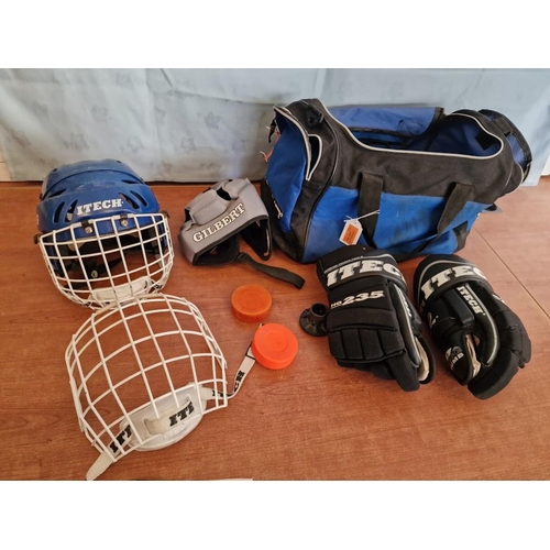 350 - Hockey Accessories; Classic Helmet, Pucks, Face Guard, Cap Headgear, Hockey Gloves Together with Bag