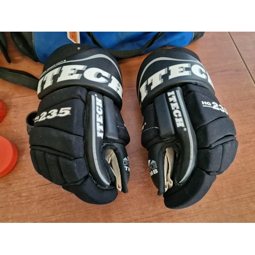 350 - Hockey Accessories; Classic Helmet, Pucks, Face Guard, Cap Headgear, Hockey Gloves Together with Bag