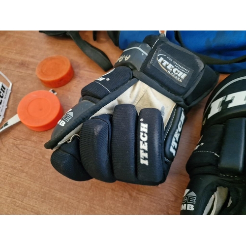 350 - Hockey Accessories; Classic Helmet, Pucks, Face Guard, Cap Headgear, Hockey Gloves Together with Bag