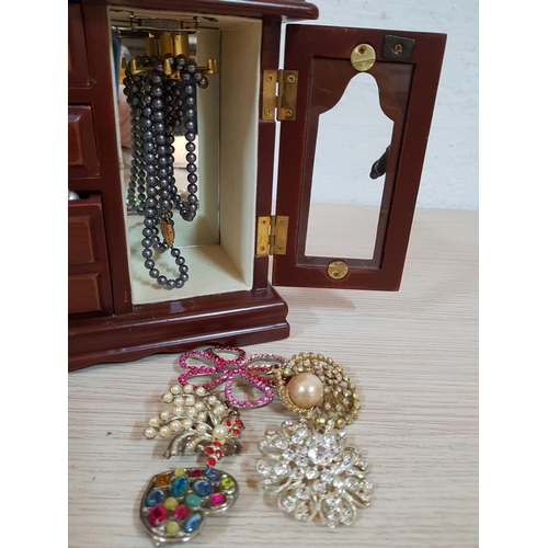 258 - Mini Wardrobe (19 x 10 x 18.5cm) Jewellery Box with Quantity of Costume Jewellery (Brooches, Necklac... 