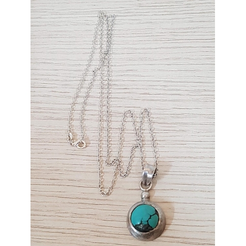 294 - Round .925 Silver Pendant with Turquoise (Ø2cm) Together with .925 Silver Chain (L:64cm), Total Weig... 