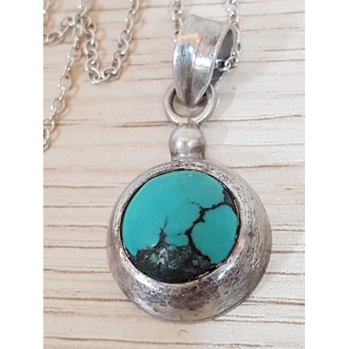 294 - Round .925 Silver Pendant with Turquoise (Ø2cm) Together with .925 Silver Chain (L:64cm), Total Weig... 