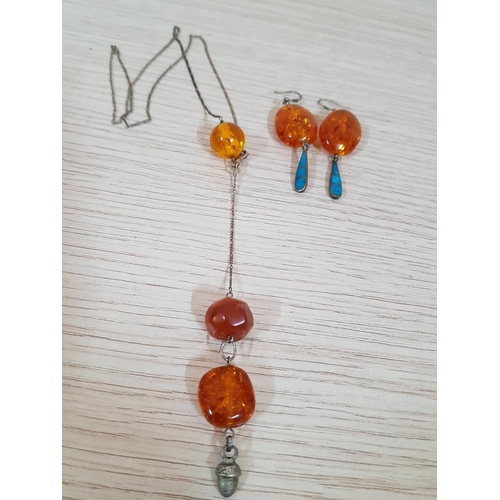 315 - Natural Stone Amber(?) - Agat (?) - Turquoise (?) and Silver Hand Made Jewellery Set inc; Necklace a... 