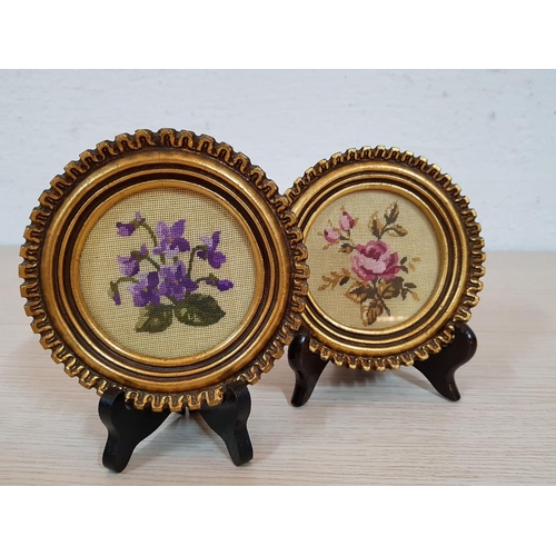 482 - Vintage Floral Embroidery in Gilded Frames (Ø4cm each), (Stand inc)