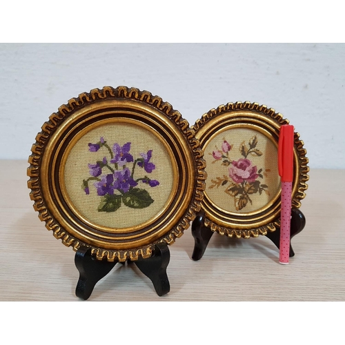 482 - Vintage Floral Embroidery in Gilded Frames (Ø4cm each), (Stand inc)