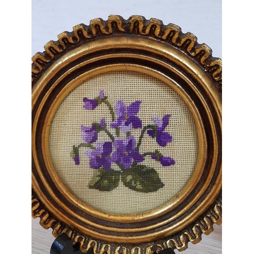 482 - Vintage Floral Embroidery in Gilded Frames (Ø4cm each), (Stand inc)