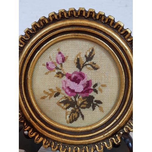 482 - Vintage Floral Embroidery in Gilded Frames (Ø4cm each), (Stand inc)