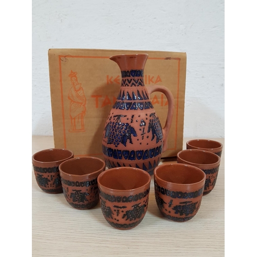 483 - Greek Style Pottery Wine Decanter with 6 x Matching Goblets (Hand Made with Original Box, Un-Used)