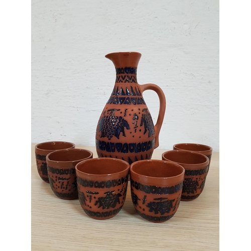 483 - Greek Style Pottery Wine Decanter with 6 x Matching Goblets (Hand Made with Original Box, Un-Used)