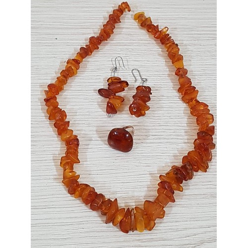 320 - Amber(?) Set; Necklace with Different Size and Shape Beads (L:56cm) Pair of Dangling Earrings and .8... 