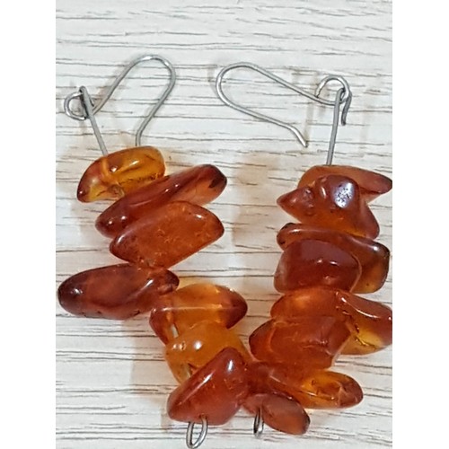 320 - Amber(?) Set; Necklace with Different Size and Shape Beads (L:56cm) Pair of Dangling Earrings and .8... 