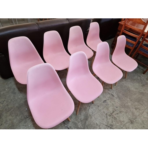 752 - Set of 8 x Pink Colour Modern Mid-Century Dining Chairs with Light Wood Legs, (8)