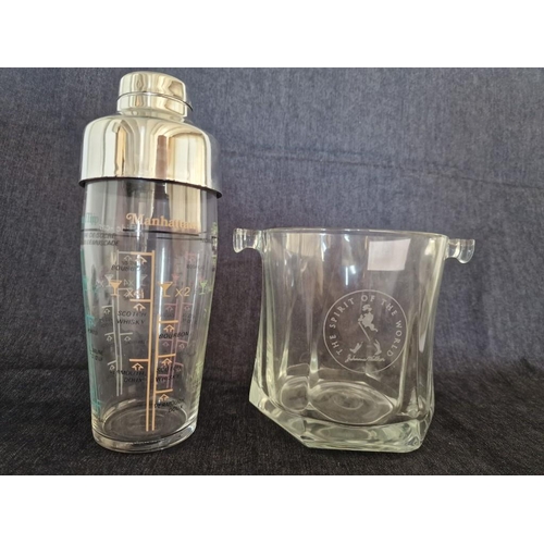 757 - Johnnie Walker Twin Handle Glass Ice Bucket, Together with Glass Cocktail Shaker with Recipes / Meas... 