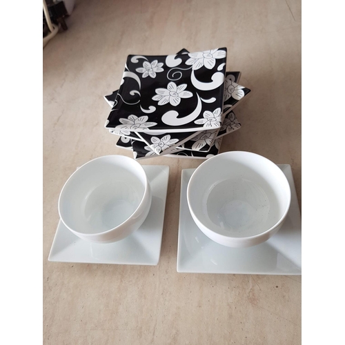 766 - Modern Tableware; Pair of Coffee Cups with Square Saucers Together with 5 x Small Square Black / Whi... 