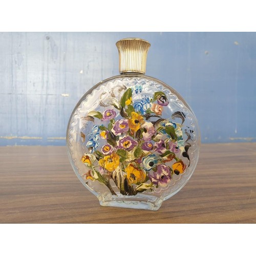 388 - Round Glass Perfume Bottle Made by Lalique, France, with Hand Painted Abstract Flower Decoration, (A... 