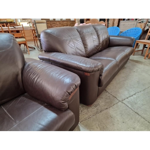 346 - 2 x 3-Seater Brown Leatherette Sofas, (Nb. Some Tape Repairs), (2)