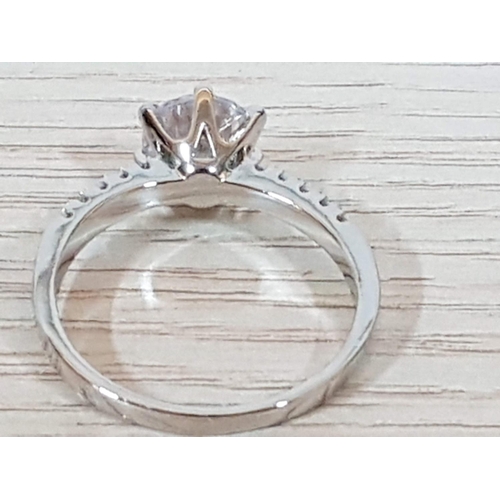 217 - Silver Solitaire Ring with Side Small Clear Stones and Large Clear Crystal Stone in Center in Diamon... 