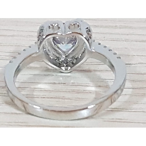 348 - Silver Ring with Large Clear Crystal Stone on Heart Shape, Total Weight 3gr, Size N