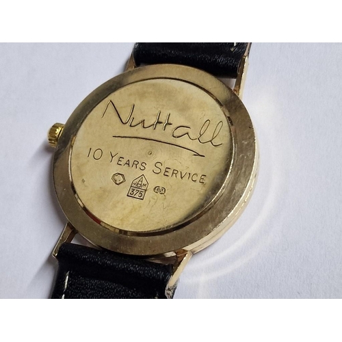 144 - 9ct Gold Accurist Gents Wrist Watch with Date, on Black Leather Strap, * Running When Lotted *