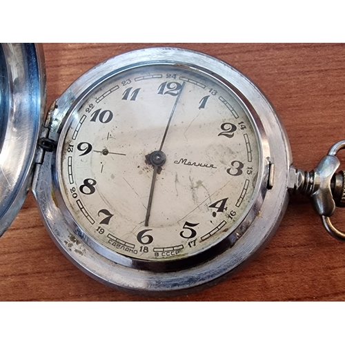 678 - Vintage Russian Full Hunter Pocket Watch, in Decorative White Metal Case, Manual Wind and Running Wh... 