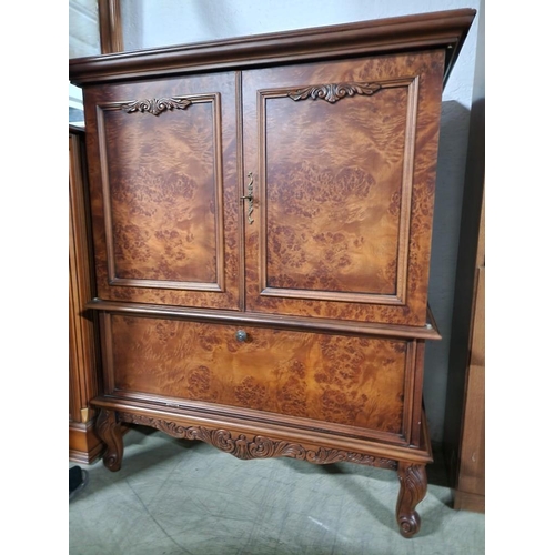 128C - Dark Wood / Classical Style TV Unit with Double Doors Over Drop Down Front Section, Carvings and Cab... 