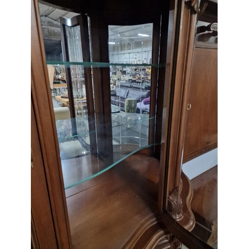146A - Large Classical Style Display Cabinet with Curved Glass Doors, Carved Temple, 2 Drawers, Mirrored Ba... 