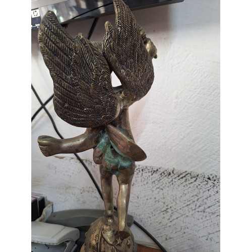 535 - Cast Metal / Bronze Effect Winged Cherub / Putty Figure on Celestial Globe, (Approx. H: 42cm)