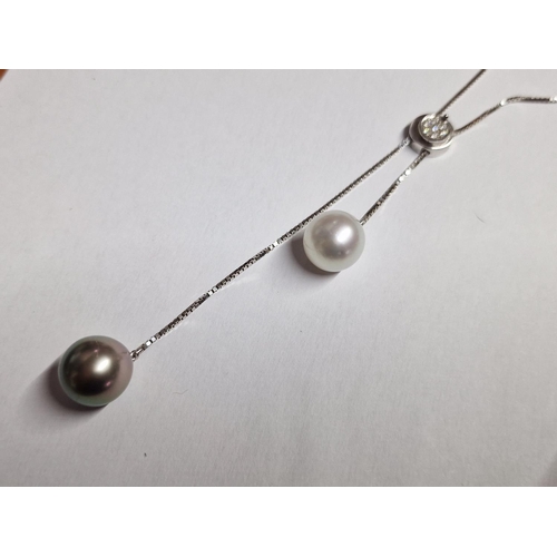 86 - Elegant 'MMJ' 18ct White Gold and Pearl Necklace; Stylish Design with Adjustable Lengths of Grey & W... 