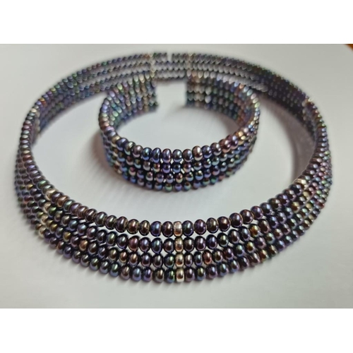 84 - Matching Set of Black Pearl Collar Necklace and Cuff Bracelet, each with 4-Rows of Pearls, (2)