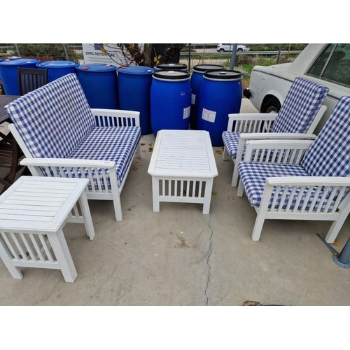 132 - White Finish Wooden Garden / Patio Set of 2-Seater Sofa, Pair of Arm Chairs with Blue Check Pattern ... 