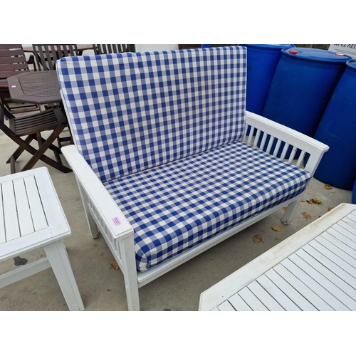 132 - White Finish Wooden Garden / Patio Set of 2-Seater Sofa, Pair of Arm Chairs with Blue Check Pattern ... 