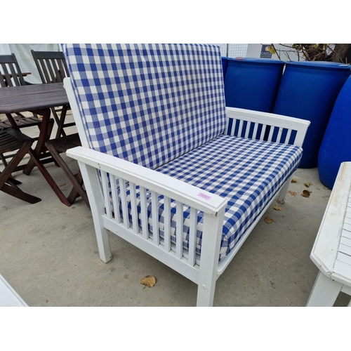 132 - White Finish Wooden Garden / Patio Set of 2-Seater Sofa, Pair of Arm Chairs with Blue Check Pattern ... 