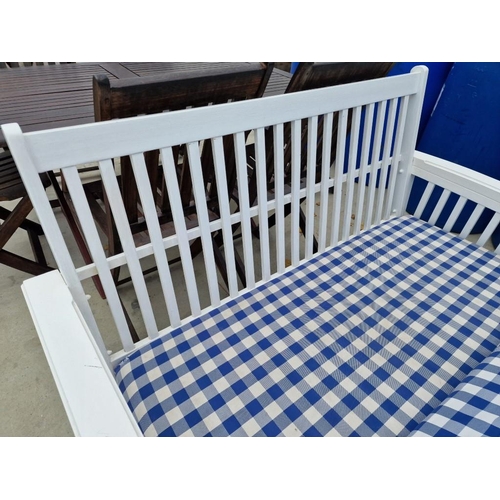 132 - White Finish Wooden Garden / Patio Set of 2-Seater Sofa, Pair of Arm Chairs with Blue Check Pattern ... 